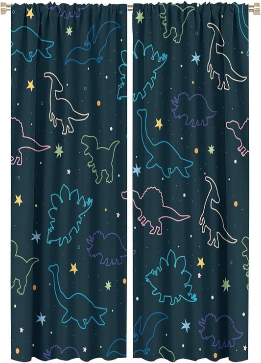 Cartoon Colorful Dinosaur Curtains for Kids Boys Girls Home Decor, Astronaut Funny Outer Space Star Blackout Rod Pocket Window Drapes for Bedroom Living Room W21xL63in 2 Panels-CubbioJoy
