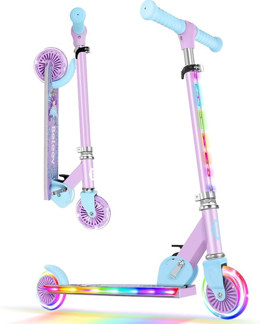 BELEEV V2 Scooters for Kids with Light-Up Wheels & Stem & Deck, 2 Wheel Folding Scooter for Girls Boys, 3 Adjustable Height, Non-Slip Pattern Deck, Lightweight Kick Scooter for Children Ages 3-12-CubbioJoy