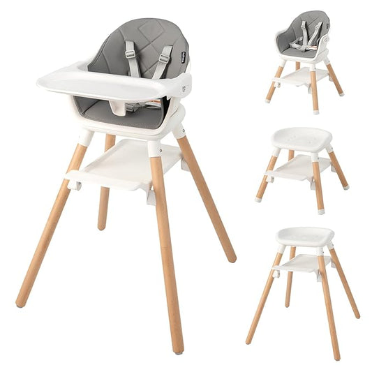 BABY JOY Baby High Chair, 6 in 1 Convertible Wooden High Chair for Babies & Toddlers with Adjustable Legs, Double Removable Tray, Safety Harness & Waterproof PU Cushion (White)-CubbioJoy
