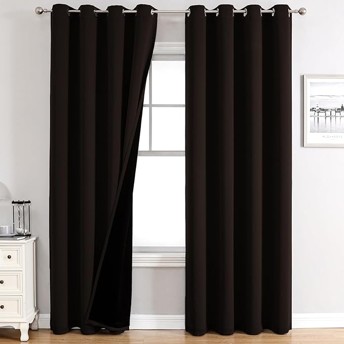 ChrisDowa 100% Blackout Curtains for Bedroom with Black Liner, 2 Thick Layers Total Blackout Thermal Insulated Grommet Window Curtains 2 Panels Set (Brown, 52 x 84 Inch)-CubbioJoy