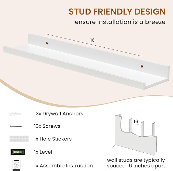 Axeman Picture Ledge Shelf, Floating Shelves for Wall Decor Storage Set of 6, 24 inch Floating Wall Mounted Shelves, Wall Shelves with Lip for Living Room, Bedroom, Nursery, Bathroom, Kitchen, White-CubbioJoy