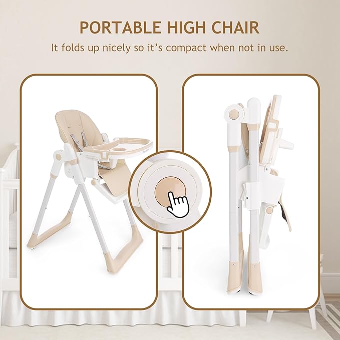 3 in 1 Baby High Chair with Wheels, Adjustable 5 Point Harness, Tray, Foot Rest, Backrest and Seat Height, Foldable High Chair for Toddlers, Beige-CubbioJoy