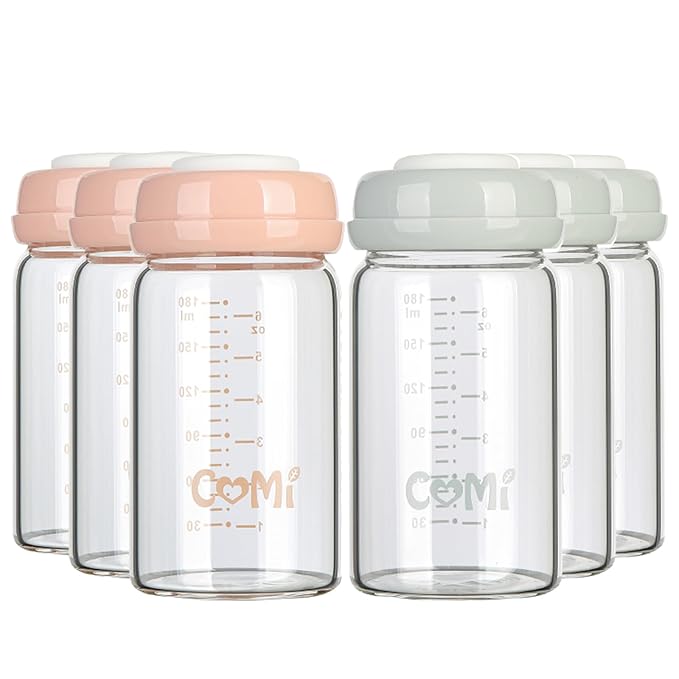 COMI Wide Neck Glass Breastmilk Collection n Storage Bottle, 4 Packs, 6oz with Screw Ring Sealing Disk; Re-markable Sealing Disc. BPA Free, Fits Breast Pumps & Nipples (3 Gray Lids + 3 Pink Lids)-CubbioJoy