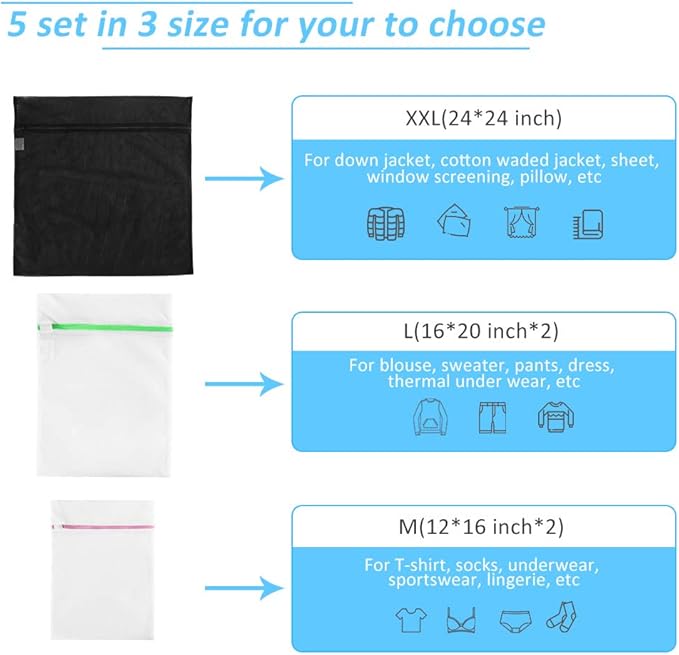 5 Pcs Mesh Laundry Bags for Delicates with Zipper, Lingerie Bags for Laundry, Travel Storage Organize Bag, Clothing Washing Bags for Laundry,Blouse, Hosiery, Stocking, Underwear, Bra and Lingerie-CubbioJoy