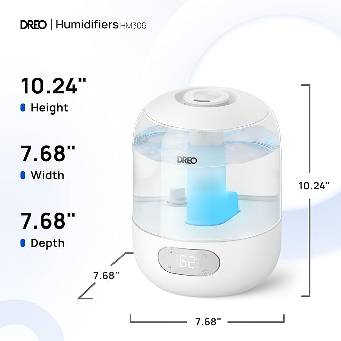 Dreo Humidifiers for Bedroom, 3L Top Fill 30H & 26dB Quiet Runtime for Large Room, Cool Mist Ultrasonic Humidifier with Humidity Sensor, Night Light for Home, Baby, Nursery, Plants, 360° Nozzle, White-CubbioJoy