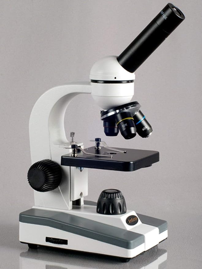 AmScope M148 Compound Monocular Microscope, WF10x Eyepiece, 40x-400x Magnification, LED Illumination, Brightfield, Single-Lens Condenser, Plain Stage, 110V or Battery-Powered, White-CubbioJoy