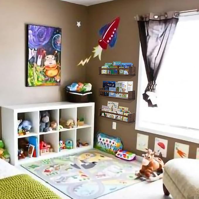 AZSKY Nursery Book Shelves 24 in Set of 3 Walnut Floating Bookshelf for Kids Room Wall Mounted Floating Shelves Solid Nursery Bookshelf Perfect Decor for Kitchen Bedroom Living Room-CubbioJoy