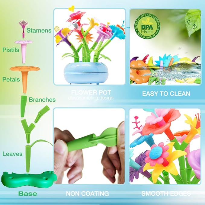 BIRANCO. Flower Garden Building Set - Grow up! Fun Stacking Toys for Toddlers and Kids Age 3-6 Year Olds, Educational Activity for Preschool, Cool STEM Gardening Gifts for Girls (138 PCS)-CubbioJoy