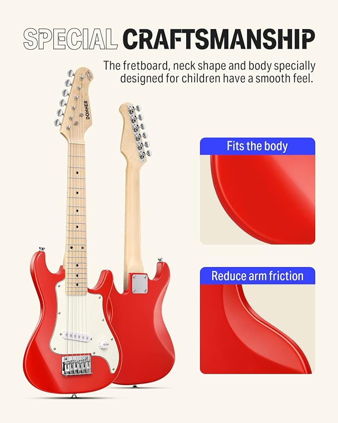 Donner 30 Inch Kids Electric Guitar Beginner Kits ST Style Mini Electric Guitar for Boys Girls with Amp, 600D Bag, Tuner, Picks, Cable, Strap, Extra Strings, DSJ-100, Red-CubbioJoy