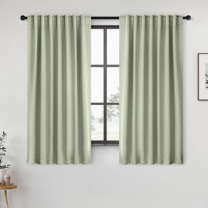 ANRODUO Back Tab Blackout Curtains for Bedroom Living Room, Rod Pocket Pinch Pleated Thermal Insulated Room Darkening Curtains 36 Inches Long 2 Panels, Sage Green, 42 x 36 Inch-CubbioJoy