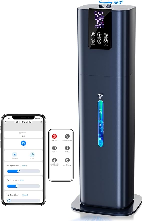 8L Smart Humidifiers for Bedroom Large Room, 2.1Gal Cool Mist Top Fill Diffuser Ambient Light, App & Remote Control, 3 Mist Modes, Quiet Humidifier for Home Office Plant (Blue)-CubbioJoy