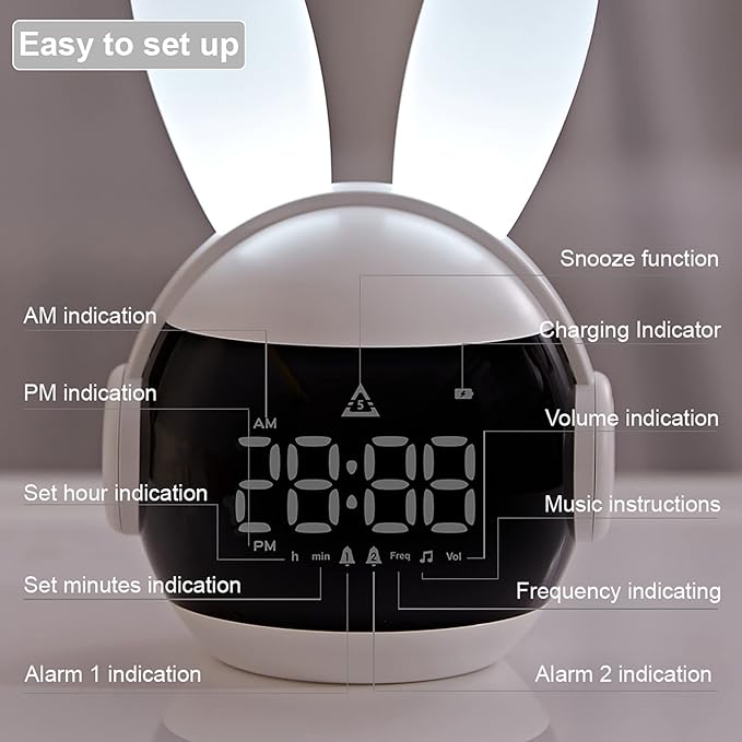 Kids Alarm Clock for Kids, Bunny Alarm Clocks for Girls Boys, White Kid Alarm Clock with Ringtones & Night Light Rechargeable Snoozing-CubbioJoy