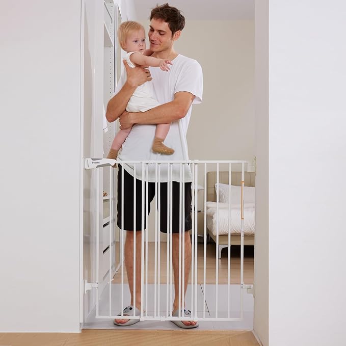 Babelio 34" Extra Tall Baby/Dog Gate with No Threshold Design Walk Thru Door, 26-43" Auto Close Safety Gate for Babies, Elders and Pets, Fits Doorways, Stairs, and Entryways, White-CubbioJoy
