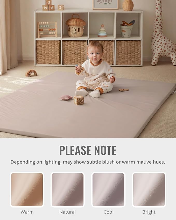 Blissful Diary Vegan Leather Baby Play Mat, 50x50 Thicken Foam Cushioned & Waterproof Playpen Mat for Infants and Toddlers, Stylish and Just Wipe-Clean Playmat for Baby Play on Floor, Taupe-CubbioJoy