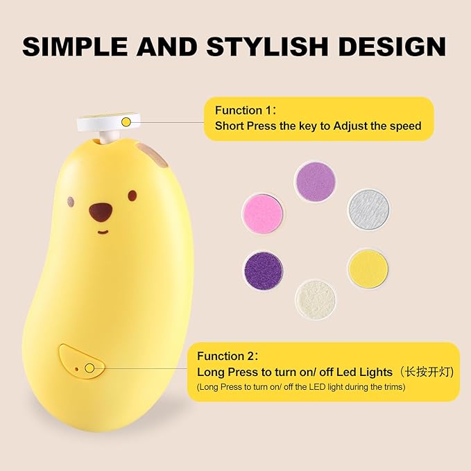 Baby Nail File Electric, Gentle Rechargeable Nail Trimmer, Baby Nail Clippers Grooming Kit Manicure Set for Infant Toddler or Adults, 6 Grinding Head Replacement Pads Yellow-CubbioJoy