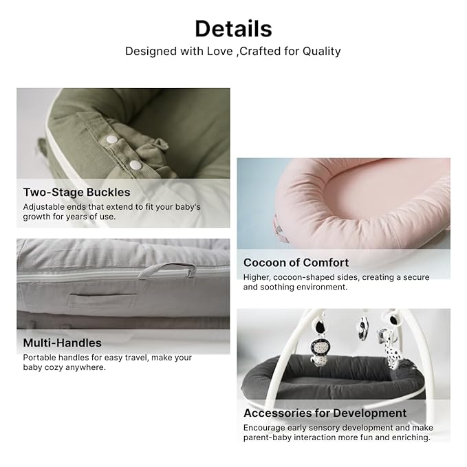 Deluxe Infant Lounger, Baby Nest Cover for Baby Girls & Boys, Newborn Essentials for Baby 0-12 Months, 100% Cotton(Gray)-CubbioJoy