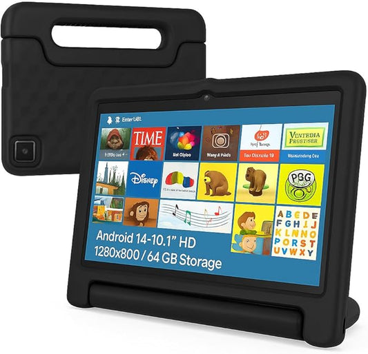10.1 Inch Kids Tablet with Shockproof Case | Android 14, 64GB+8GB RAM, 12H Battery | Parental Control, Google Kids Space & Preloaded Educational Apps | WiFi 6, HD Display, Ages 3-12-CubbioJoy