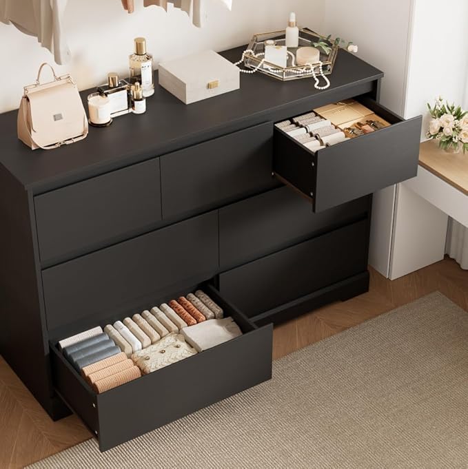 Dresser for Bedroom, Modern Black Dresser, Wood Chest of Drawers Nursery Dressers, with Storage, 7 Drawer Double with Handle Free, Large Storage Organizer for Living Room,White-CubbioJoy