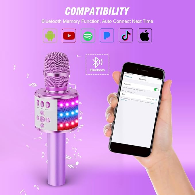 BONAOK Karaoke Microphone for Kids & Adults - Bluetooth Microphones Singing Mic with Disco Lights, Echo Effect, Built-in Speaker Portable Karaoke Player for Party Travel Gifts Q78(Light Purple)-CubbioJoy