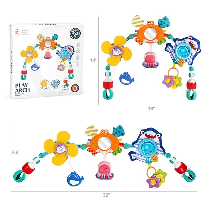 Baby Stroller Car Seat Toys,Adjustable Crib Mobile Activity Arch Toys with Sound Toy and Baby Hanging Toys,Sensory Play Travel Bouncer Bassinet Toy for Toddler Boy Girl 0 3 6 9 12 24 Month-CubbioJoy