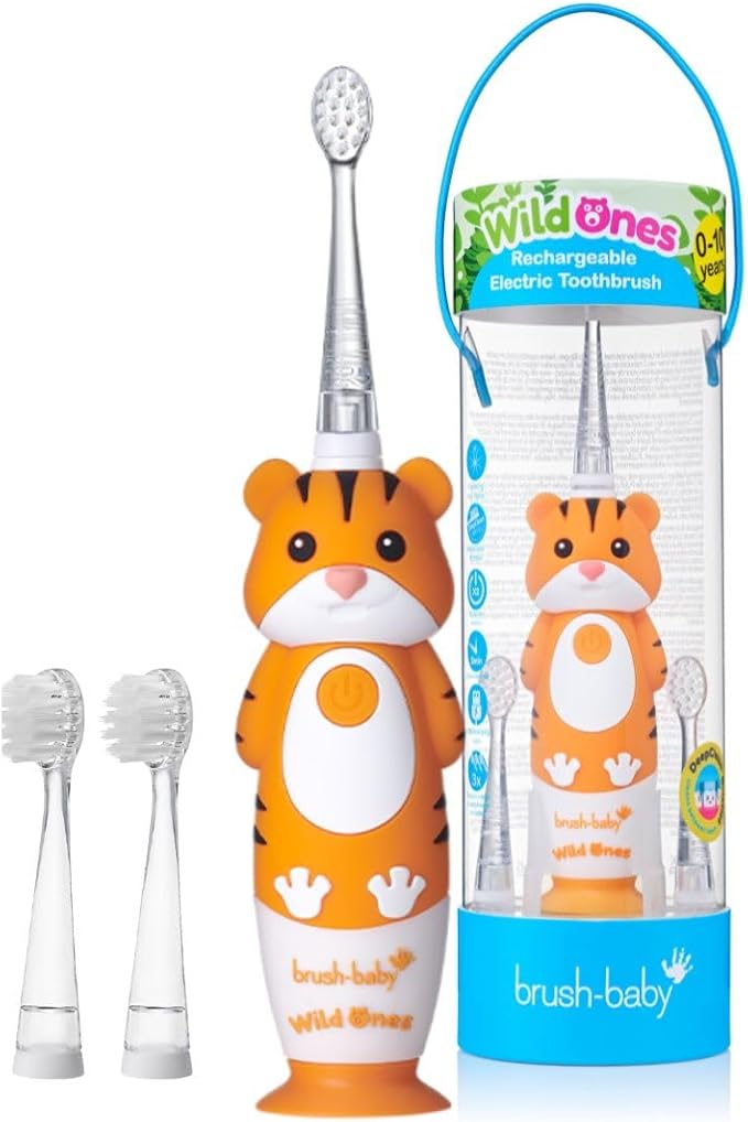 brush-baby WildOnes™ Rechargeable Kids Electric Toothbrush – Toby Tiger | Flashing Lights, 2-Min Timer, Waterproof, 3 Brush Heads | Toddler & Child Toothbrush Ages 0-10 | Soft Bristles-CubbioJoy