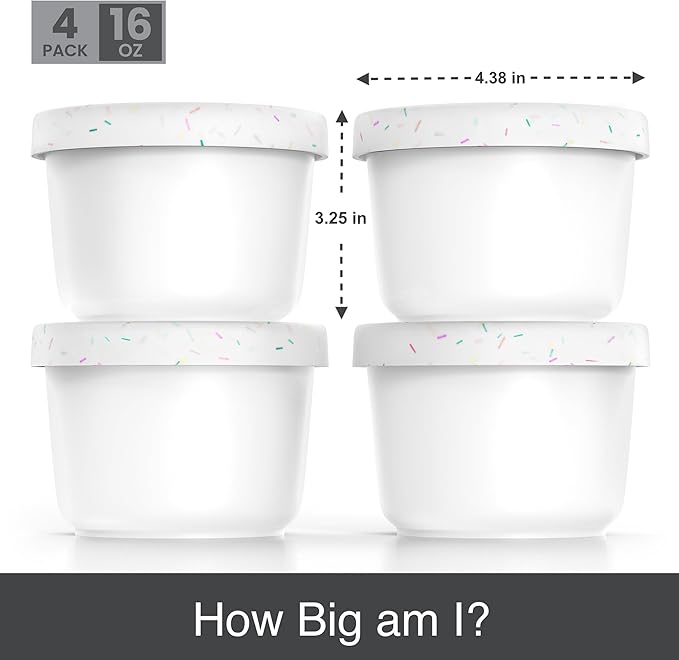 BALCI - 16oz Ice Cream Containers with Silicone Lids (Set of 4) - 1 Pint Each Freezer Food Storage Containers, Reusable, LeakProof, For Homemade IceCream Containers - White with Sprinkles-CubbioJoy