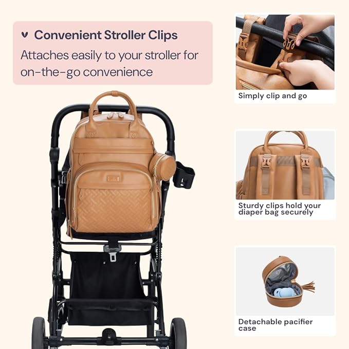 BabbleRoo Leather Diaper Bag Backpack - Baby Essentials Travel Baby Bag, Multi function, Waterproof, with Changing Pad, Stroller Straps & Pacifier Case – Unisex, Light Brown-CubbioJoy