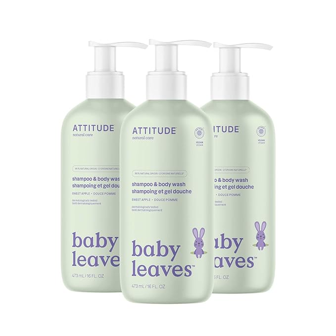 ATTITUDE 2-in-1 Shampoo and Body Wash for Baby, EWG Verified, Dermatologically Tested, Made with Naturally Derived Ingredients, Vegan, Sweet Apple, 16 Fl Oz (Pack of 3)-CubbioJoy