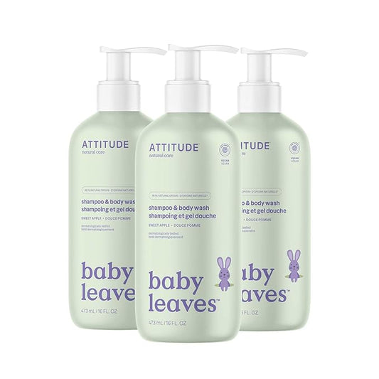 ATTITUDE 2-in-1 Shampoo and Body Wash for Baby, EWG Verified, Dermatologically Tested, Made with Naturally Derived Ingredients, Vegan, Sweet Apple, 16 Fl Oz (Pack of 3)-CubbioJoy