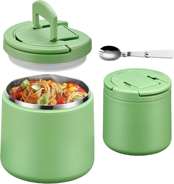 20oz Insulated Vacuum Food Jar with Buckle Lid,Soup Thermo for Hot Food Kids,Wide Mouth Leakproof Stainless Steel Lunch Container with Spoon-Green-CubbioJoy