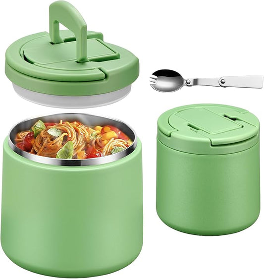 20oz Insulated Vacuum Food Jar with Buckle Lid,Soup Thermo for Hot Food Kids,Wide Mouth Leakproof Stainless Steel Lunch Container with Spoon-Green-CubbioJoy