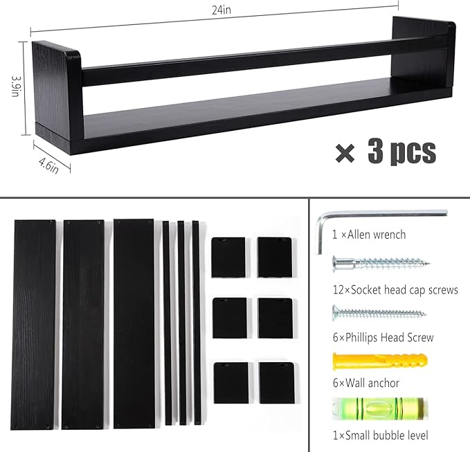 AZSKY Classic Nursery Book Shelves Black Wooden Floating Shelves Wall Bookshelf for Bathroom Decor Kitchen Spice Rack Organizer Kids Room 24 Inch Set of 3-CubbioJoy