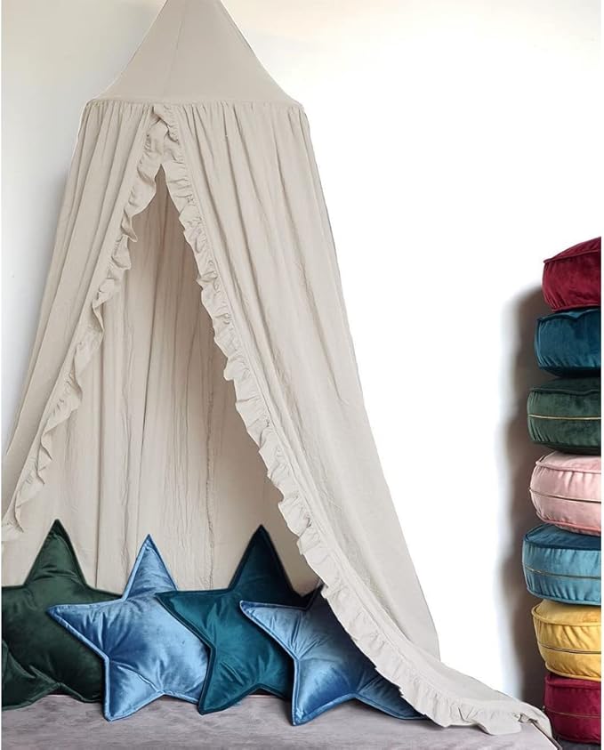 Bed Canopy with Frills Reading Nook Game Tent for Kids Boho Hanging Net Play Room Decor(Beige)-CubbioJoy