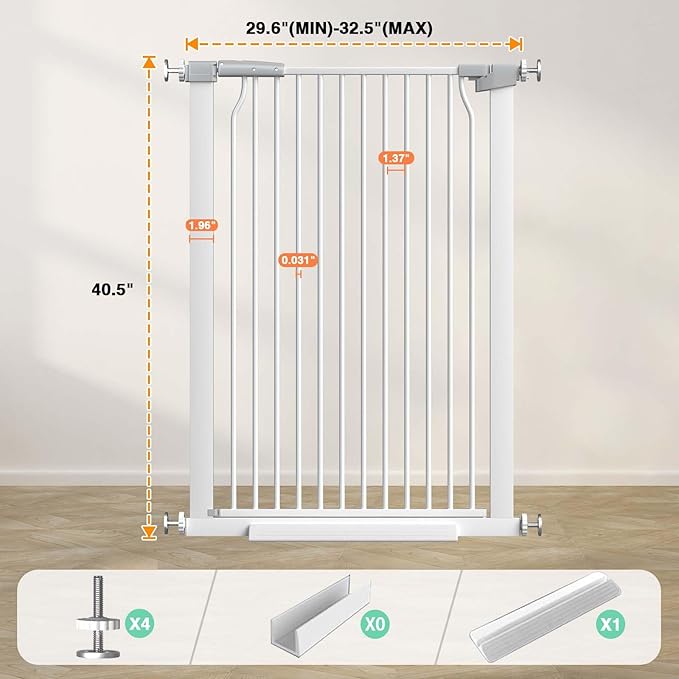 40.5" Extra Tall Baby Gate for Stairs No Drill, 29.6"-32.5" Narrow Wide Dog Gate Indoor, Pressure Mounted Safety Child Gate, Cat Doggie Pet Gate for House Doorways Walk Through, White-CubbioJoy
