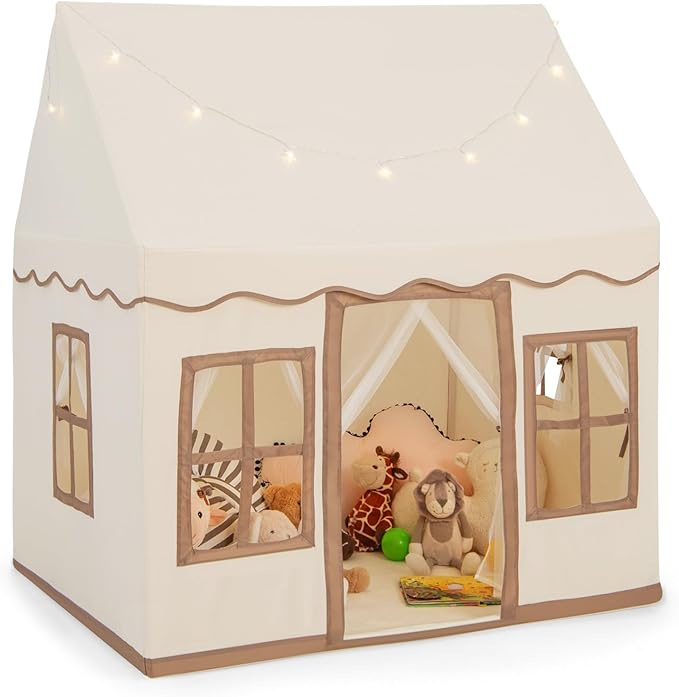 INFANS Kids Play Tent with Washable Mat Star Light Windows, Anti-Trip Large Playhouse Toys for Children Boys Girls, Indoor Outdoor Princess Tents Castle for Toddlers (Beige)-CubbioJoy