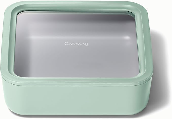 Caraway Glass Food Storage, 10 Cup Glass Container,Ceramic Coated Food Container,Easy to Store, Non Toxic, Non Stick Lunch Box Container with Glass Lids. Dishwasher, Oven,Square Shape,Mist-CubbioJoy