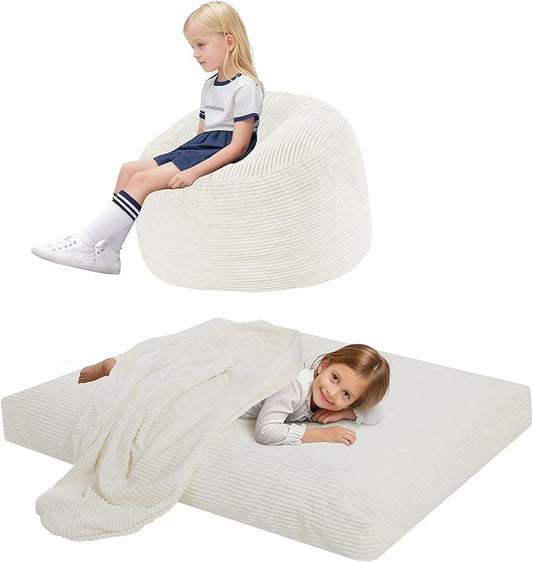 COMAX Kids Bean Bag Chair Turn into Beanbag Bed, Toddler Bean Chair Corduroy for Girl Boy Sleeping, Lazy Children Bean Bags with Filler, Convertible Child Floor Mattress, Beige-CubbioJoy