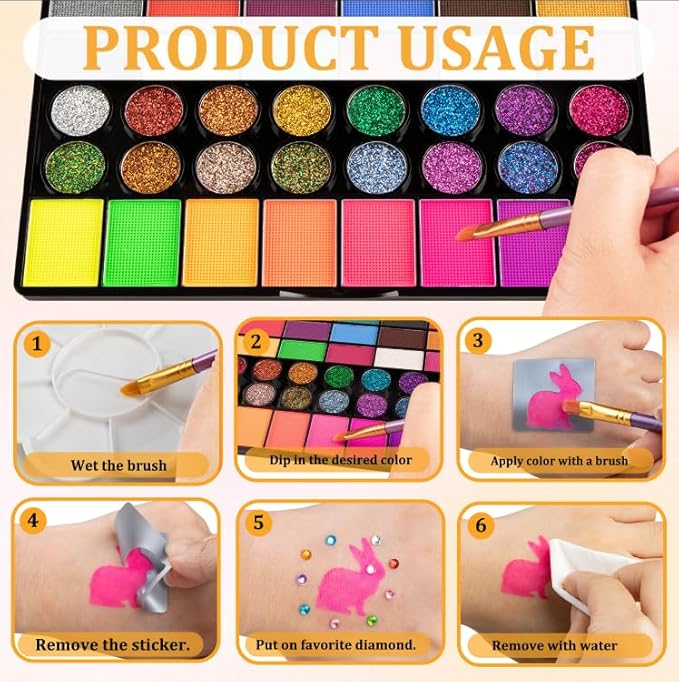 42 Color Face Painting Kit for Kids-Non Toxic Water Activated Face Paint Palette with 16 Crayons,6 Reusable & 63 Sticky Stencils,Brushes,Gems.Ideal Choice for Carnival,Halloween,Parties,Makeup etc.-CubbioJoy