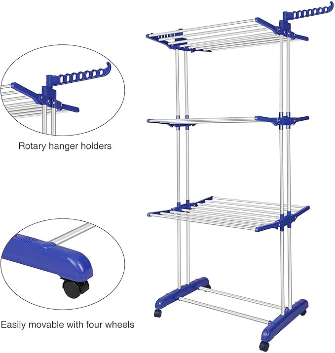 Bigzzia Clothes Drying Rack, Folding Stainless Steel Drying Rack Clothing Indoor Outdoor, Space-Saving, 4 Tier Laundry Drying Rack with Two Side Wings Grey Blue-CubbioJoy