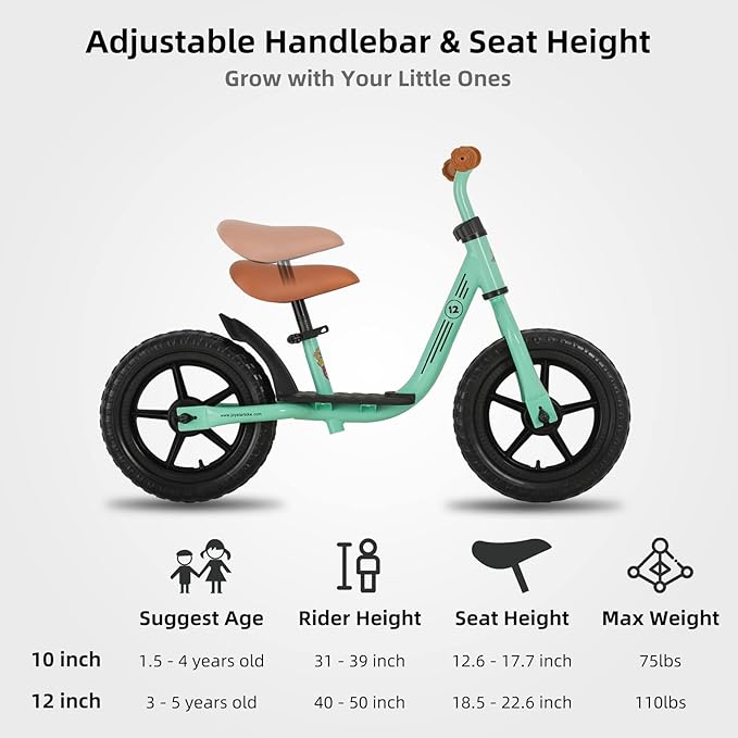 JOYSTAR 10"/12" Toddler Balance Bike for Girls & Boys, Ages 18 Months to 5 Years, Kids Push Bike with Footrest & Adjustable Seat Height, First Birthday Gifts for 2-5 Boys Girls-CubbioJoy