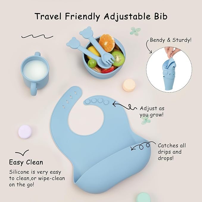 Baby Silicone Feeding Set, 13PCS Baby Self Feeding Set, Toddler Led Weaning Utensils Sets with Suction Bowl and Plate, 3 Set of Baby Spoons and Forks, Adjustable Bid, Sippy Cup with Straw and 2 Lids-CubbioJoy