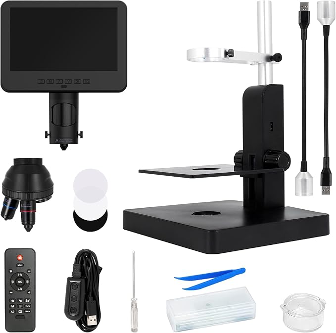 JL246P 3 Lens 7'' LCD Digital Microscope 1000X, Biological Microscope with Prepared Slides for Adults and Kids,12MP for Coin Microscope Full Coin View, 32G Card, Multiple Lights-CubbioJoy