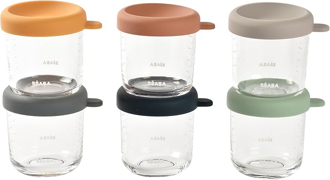 BEABA 6 Pack Glass Baby Food Jars with Soft Silicone Air Tight Lids, 8 oz Glass Storage Containers with Lids, Microwave and Freezer Safe Containers, Sunrise-CubbioJoy