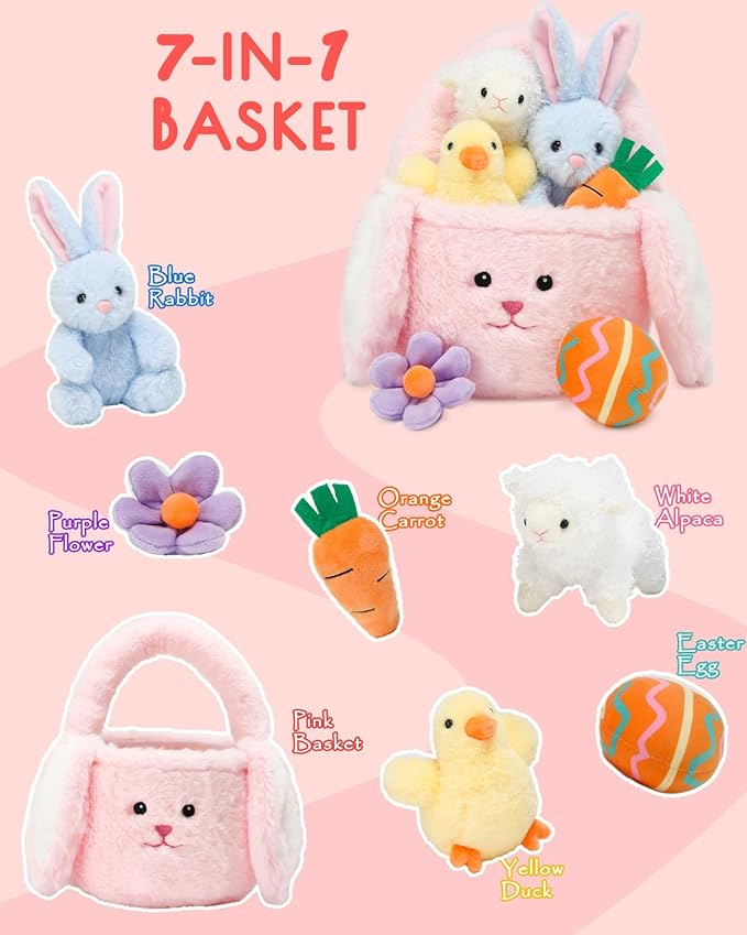 7 Piece Plush Stuffed Animals Playset Toys with Rabbit, Chick, Lamb, Carrot, Egg, Flower, Furry Bag, Soft Basket Set Toys for Girls Kids Ages 3+, Birthday Christmas Valentines Easter Party Favors-CubbioJoy