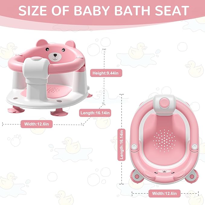 Baby Bath Seat for Babies 6 Months & up, Non-Slip Toddler Bath Seats for Babies Sitting Up, Safe Infant & Newborn Bathtub Chair with 4 Suction Cups & Soft Cushion for Shower,Pink-CubbioJoy
