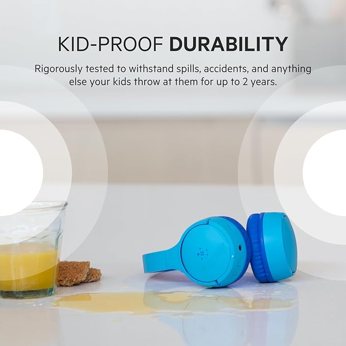 Belkin SoundForm Mini - Wireless Bluetooth Kids Headphones, 30H Battery, 85dB Safe Volume Limit, Built-in Microphone - Toddler On-Ear Earphones for iPhone, iPad - Ideal for School - Blue w/ Case-CubbioJoy