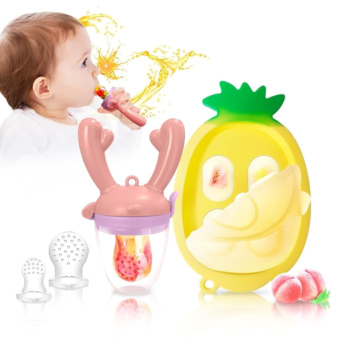 Baby Fruit Food Feeder - Silicone Nibble Tray Combo - Breastmilk Popsicle Mold for Cooling Relief, BPA Free Mesh Feeder for Infant Self Feeding (Antler Pink + Pineapple)-CubbioJoy