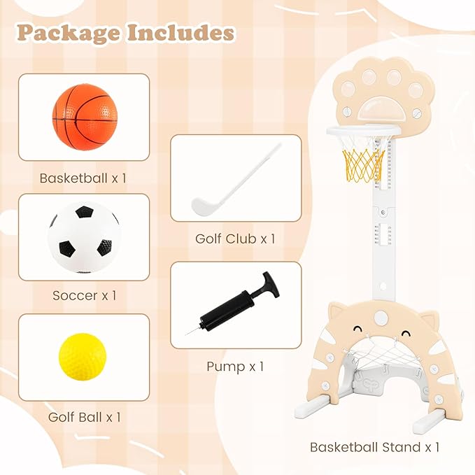 Costzon 3 in 1 Toddler Basketball Hoop, Height Adjustable Kids Sports Center w/Foldable Basketball, Soccer & Golf Game, Indoor Outdoor Activity Playset w/Foldable Rim, Gift for Children Baby Infant-CubbioJoy