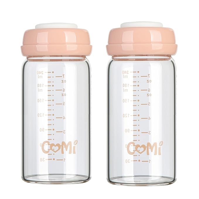 COMI Wide Neck Glass Breastmilk Collection n Storage Bottle, 8oz with Screw Ring Sealing Disk; Re-markable Sealing Disc. BPA Free, Fits Breast Pumps & Nipples (2 Pink Lids)-CubbioJoy