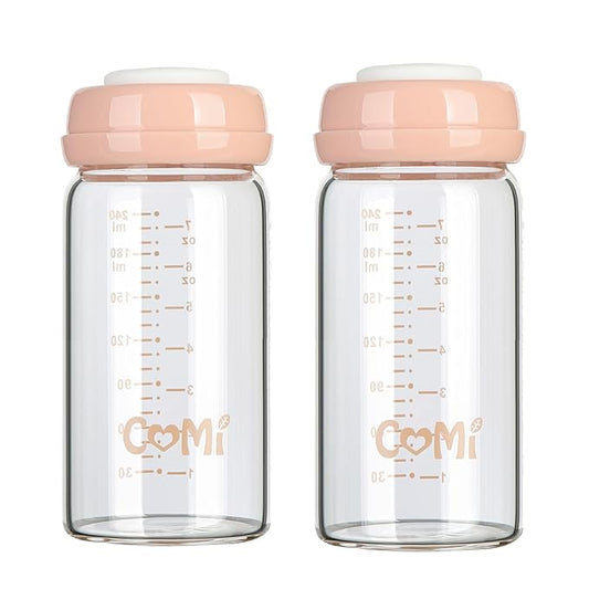 COMI Wide Neck Glass Breastmilk Collection n Storage Bottle, 8oz with Screw Ring Sealing Disk; Re-markable Sealing Disc. BPA Free, Fits Breast Pumps & Nipples (2 Pink Lids)-CubbioJoy